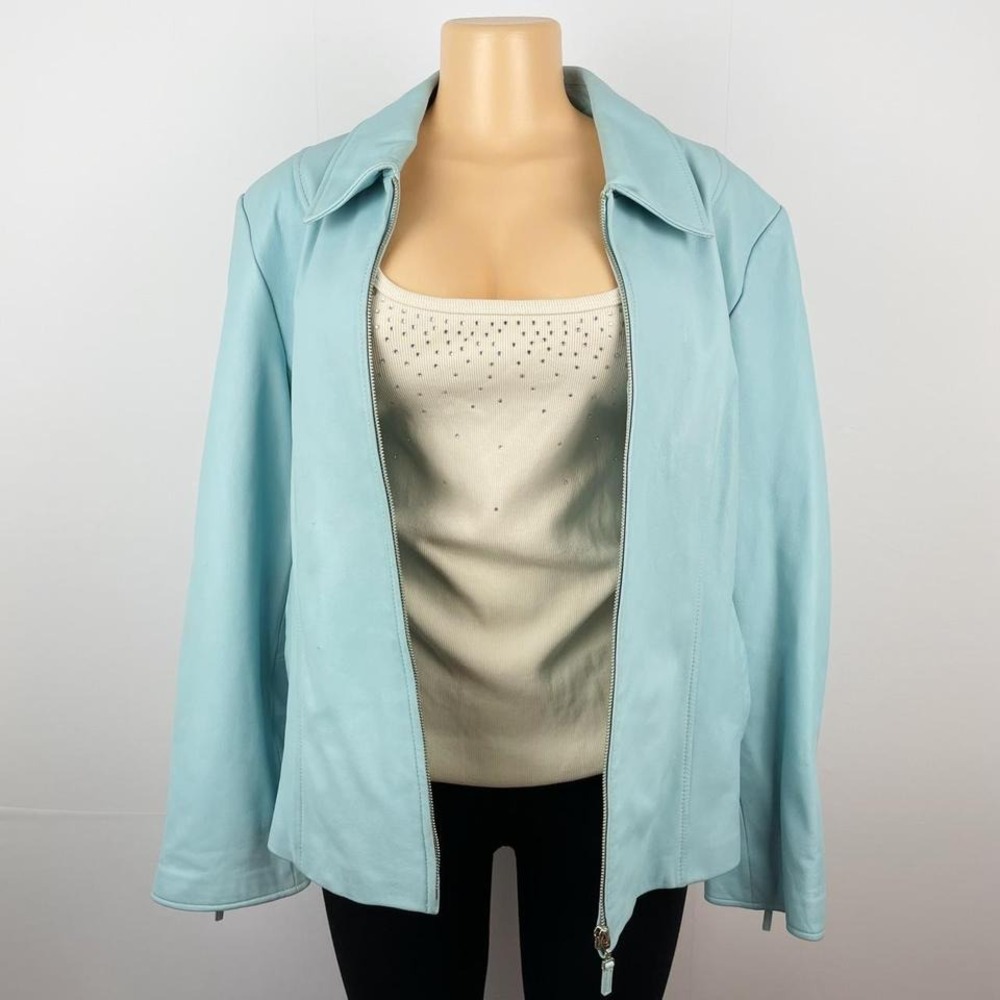 Vintage 90s Pastel Light Blue Leather‎ Blazer Jacket - Picture 3 of 8